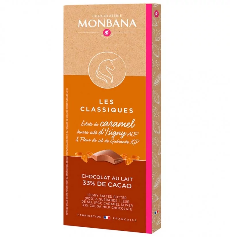 Tablette chocolat au lait 80 g – Monbana, éclats de caramel Tablette chocolat au lait 80 g – Monbana, éclats de caramel